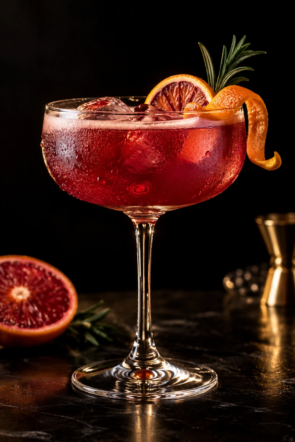 Cóctel rojo con hielo, naranja sanguina y romero en una copa sobre una barra oscura