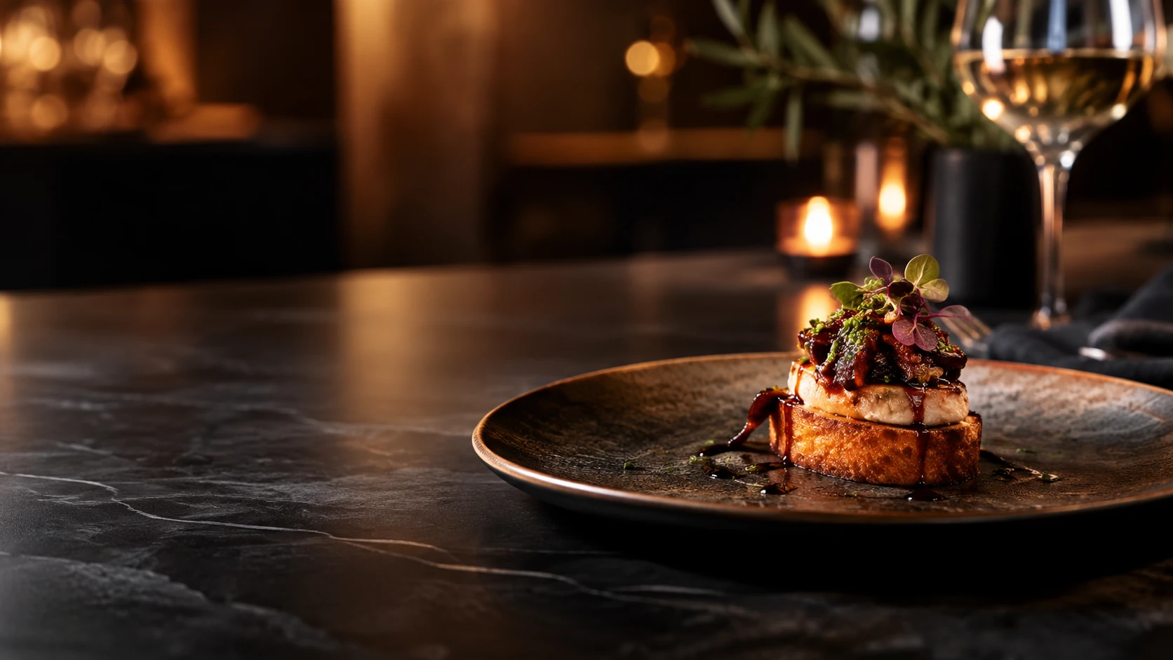 Tapa sobre un plato de cerámica con una copa de vino y luz cálida de velas