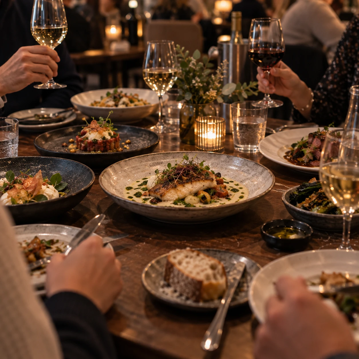 Comensales compartiendo platos y copas de vino en una mesa iluminada por velas