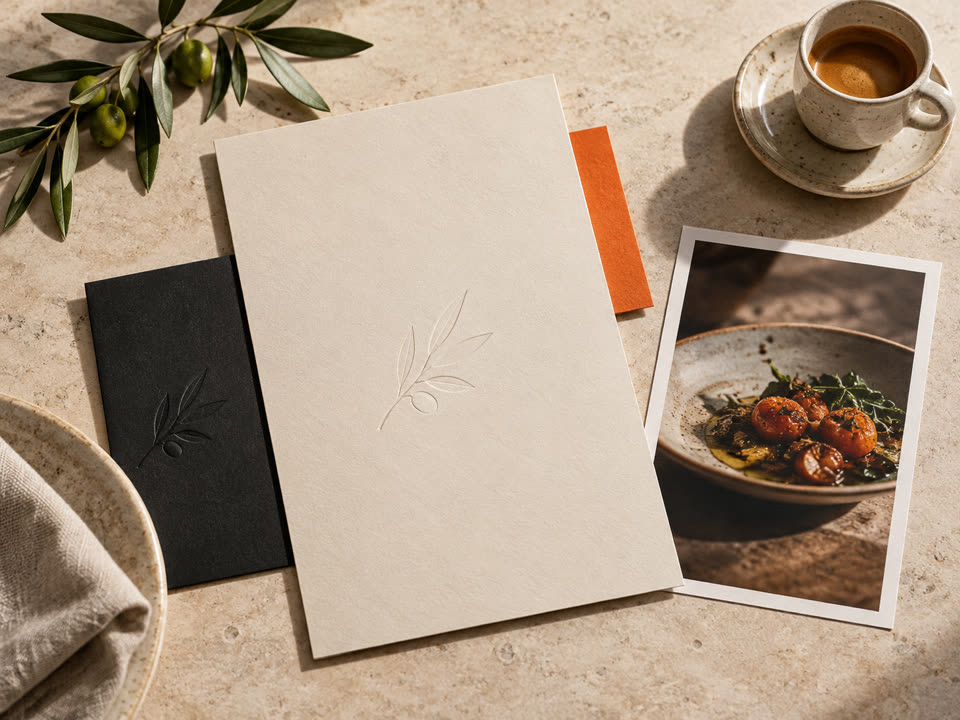Materiales de identidad impresos sobre una mesa, fotografía conceptual.