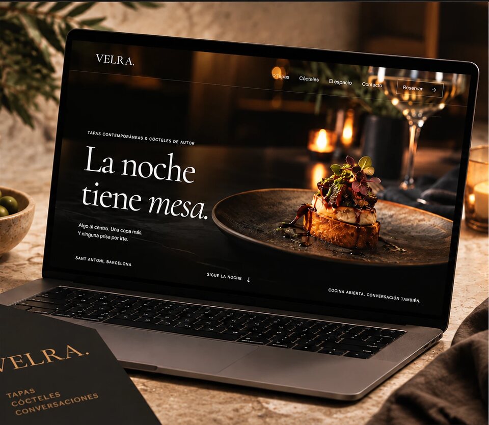 Portátil con la web de un bar de tapas y cócteles, junto a la carta impresa de la misma identidad, proyecto conceptual.
