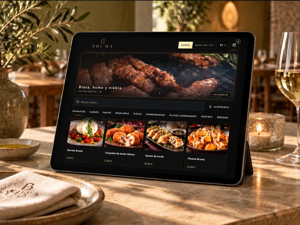 Tablet sobre la mesa de un restaurante con la carta digital abierta: fotografías de los platos, precios y buscador, fotografía conceptual.