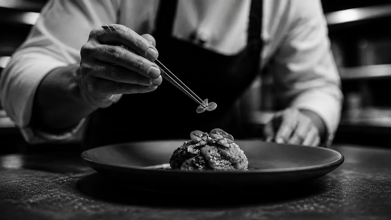 Un cocinero coloca con pinzas una hoja diminuta sobre un plato, en blanco y negro.