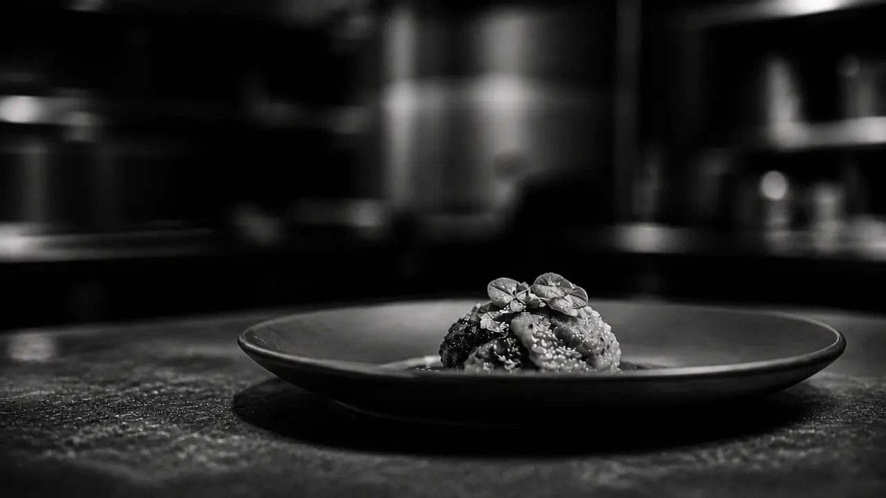 El plato terminado sobre la mesa de pase, en blanco y negro.